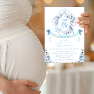 Blue Floral Bow Crest Sweet Baby Boy Baby Shower Invitation