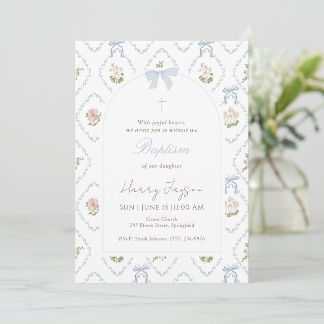 Blue Floral Bow Elegant Christian Girl Baptism Invitation (Standing Front)