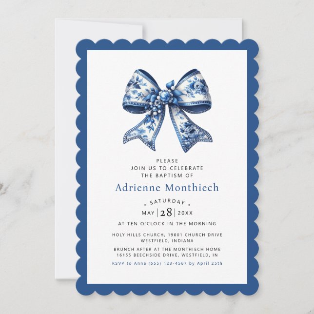 Blue Floral Bow Ribbon Elegant Baptism Invitation (Front)