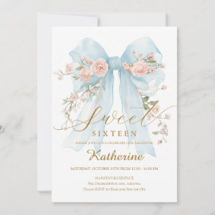 Blue Floral Bow Sweet Sixteen Invitation