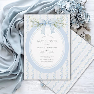 Blue Floral Bow Vintage Baby Shower Invitation