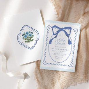Blue Floral Bows Vintage  Baby Shower Invitation