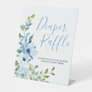 Blue Floral Boy Baby In Bloom Shower Diaper Raffle Pedestal Sign