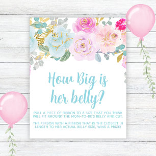Blue Floral Boy Baby Shower Big Belly Game Sign