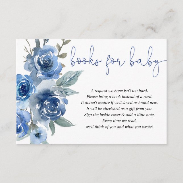 Blue floral boy baby shower book request insert (Front)