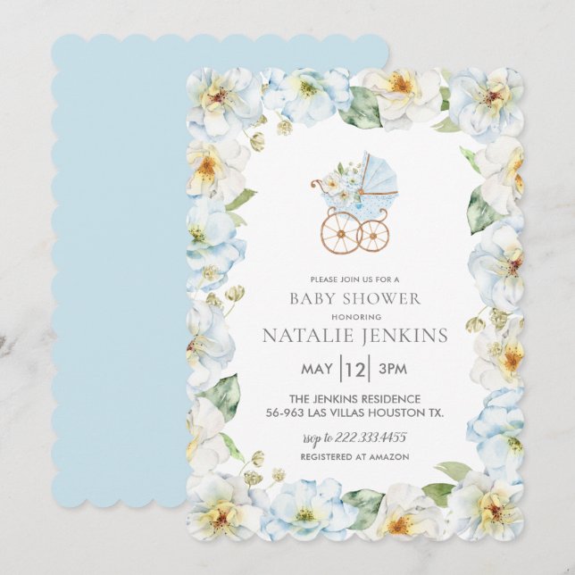Blue Floral Boy Baby Shower Invitation  (Front/Back)