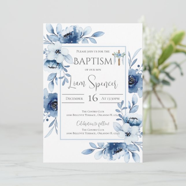 Blue Floral Boy Baptism Invitation (Standing Front)