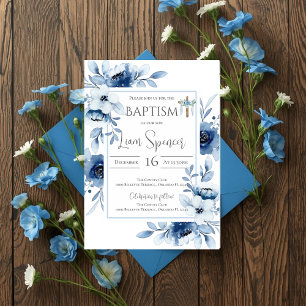 Blue Floral Boy Baptism Invitation