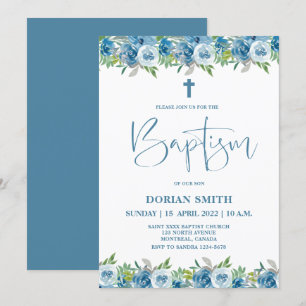 Blue Floral Boy Baptism invitation