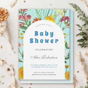 Blue Floral Boy Elegant Square Baby Shower Invitation