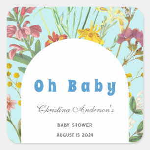 Blue Floral Boy Elegant Square Baby Shower Sticker