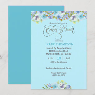 Blue Floral Boys Baby Shower Invitation