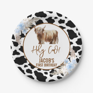 Blue Floral Boys Holy Cow 1st Birthday Paper Plate