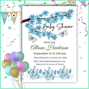 Blue Floral Branch Baby Shower  Invitation