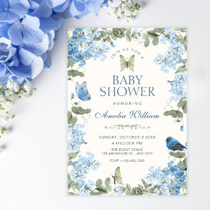 Blue floral branch butterflies bird baby shower invitation
