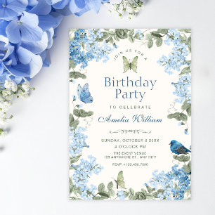 Blue floral branch butterflies bird birthday invitation