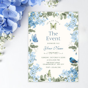 Blue floral branch butterflies bird invitation