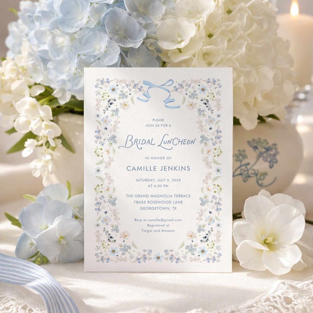 Blue Floral Bridal Luncheon with Bow Invitation (Blue Floral Bridal Luncheon Invitation)