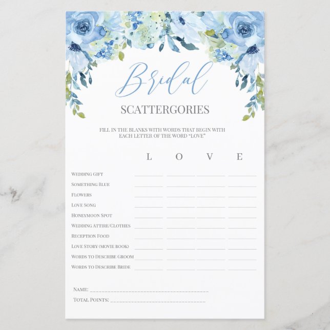 Blue floral bridal Scattergories game editable (Front)