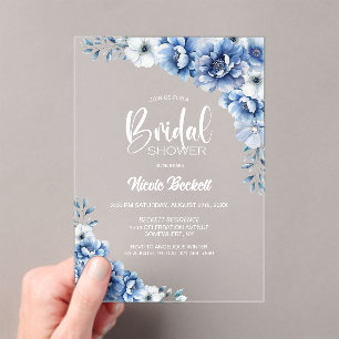 Blue Floral Bridal Shower Acrylic Invitations