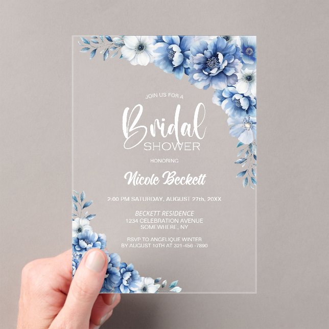 Blue Floral Bridal Shower Acrylic Invitations (Insitu (Handheld))