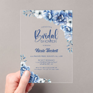 Blue Floral Bridal Shower Acrylic Invitations