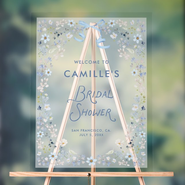 Blue Floral Bridal Shower Acrylic Welcome Sign (Neutral)