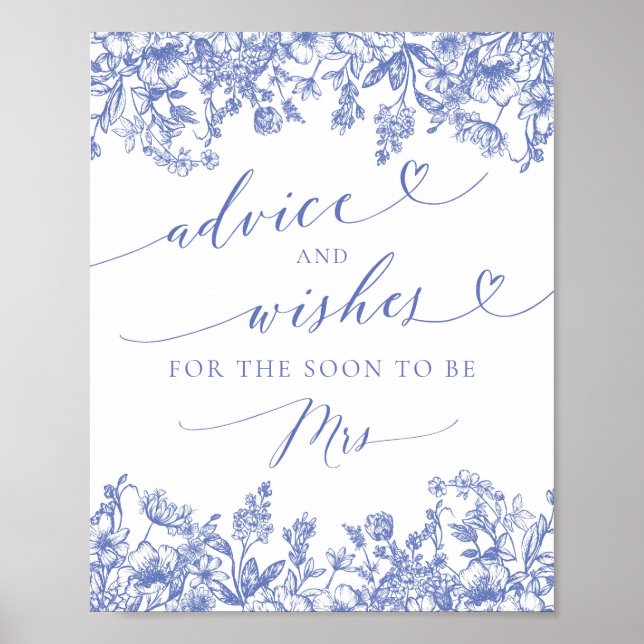 Blue Floral Bridal Shower Advice and Wishes Sign (Front)