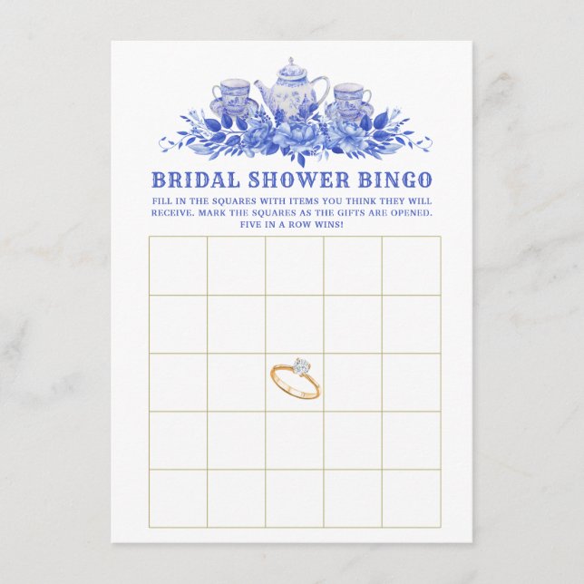Blue Floral Bridal Shower Bingo Card (Front)