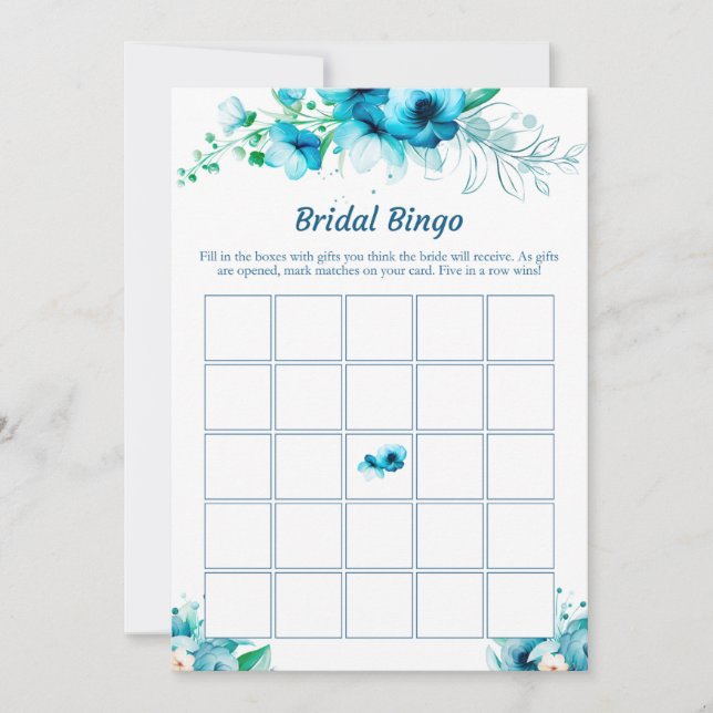 Blue Floral Bridal Shower Bingo Game Cards  (Front)