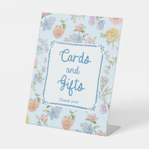 Blue Floral Bridal Shower Cards and Gifts Pedestal Sign