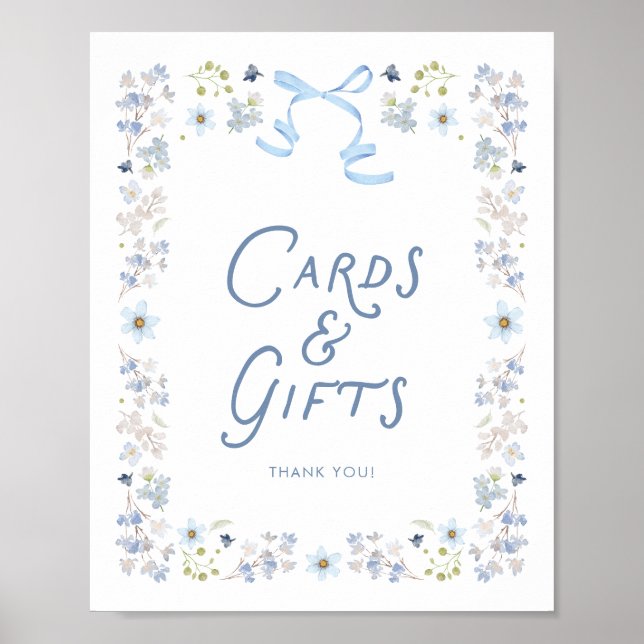 Blue Floral Bridal Shower Cards and Gifts Sign (Front)