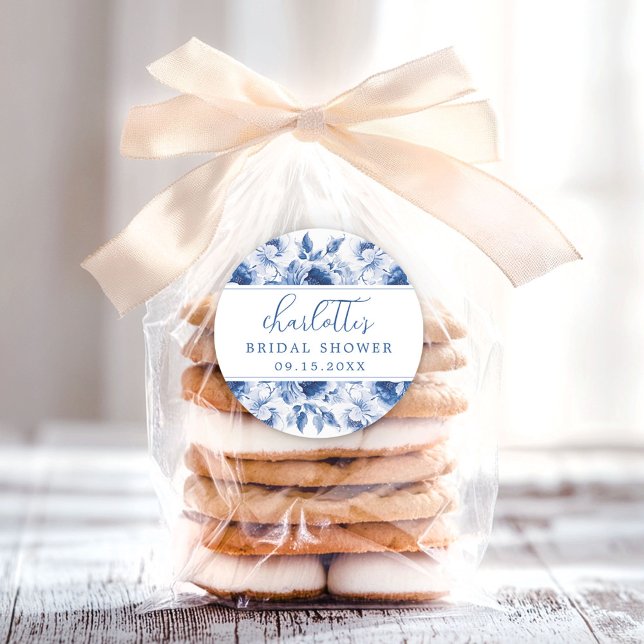Blue Floral Bridal Shower Classic Round Sticker (Creator Uploaded)