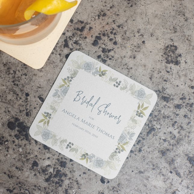 Blue Floral Bridal Shower Custom Script Square Paper Coaster (Bridal shower blue floral custom coaster)