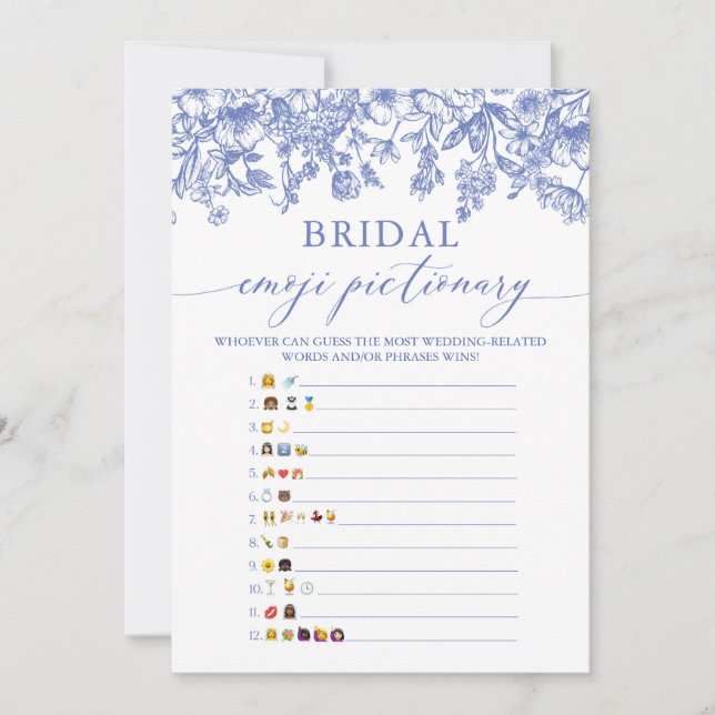Blue Floral Bridal Shower Emoji Pictionary Game Invitation (Front)