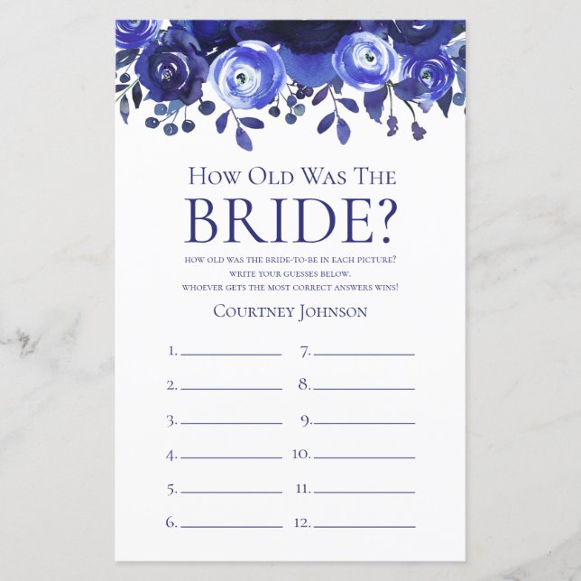 Blue Floral Bridal Shower Game (Front)