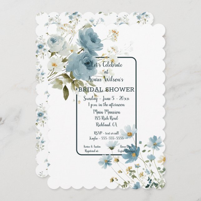 Blue Floral Bridal Shower Invitation (Front/Back)