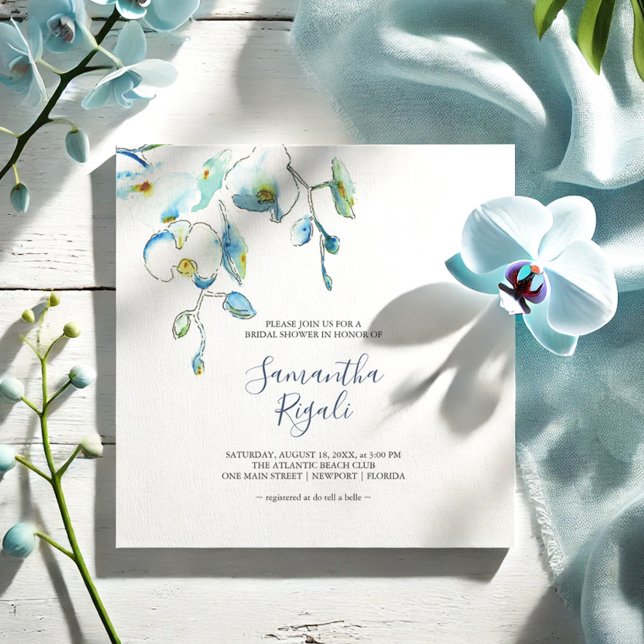 Blue Floral Bridal Shower Invitations (Simple floral bridal shower invitations feature water blue orchid flowers by Victoria Grigaliunas)