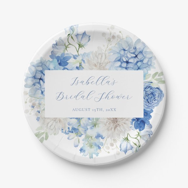 Blue Floral Bridal Shower Paper Plate (Front)