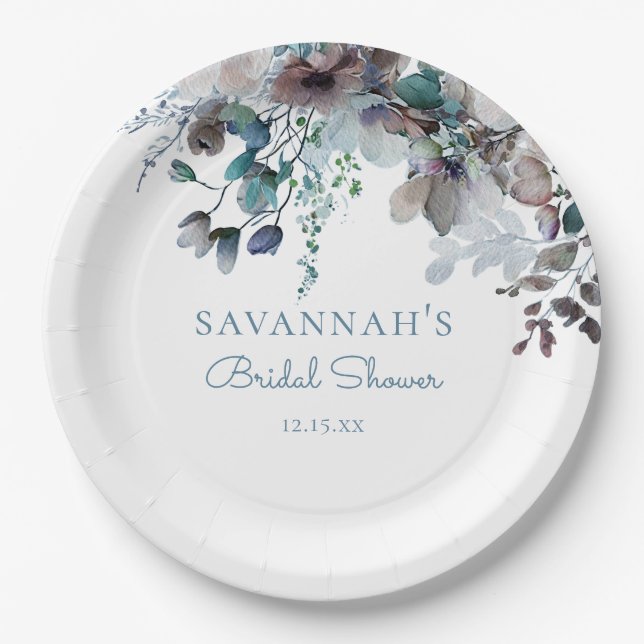 Blue Floral Bridal Shower Paper Plate (Front)