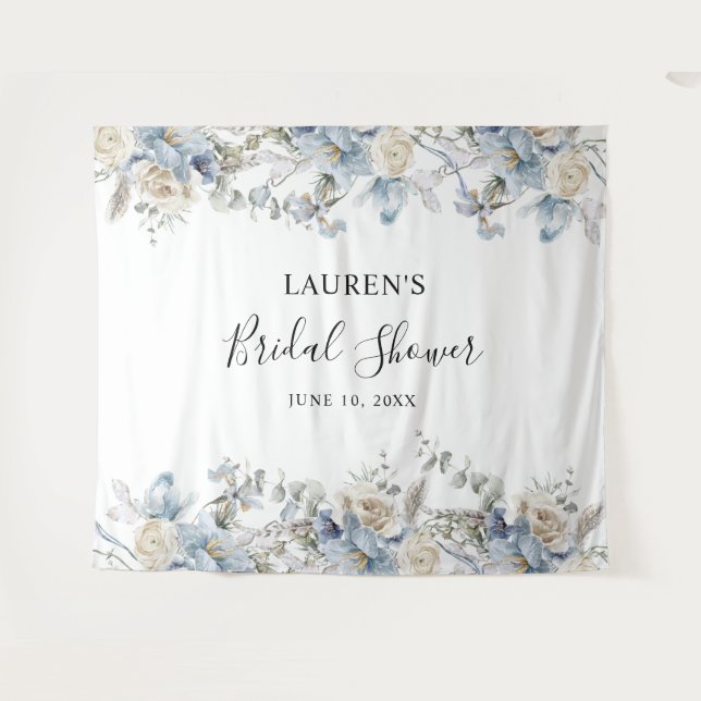 Blue Floral Bridal Shower  Photo Booth Backdrop Tapestry (Front (Horizontal))