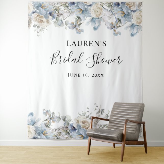 Blue Floral Bridal Shower  Photo Booth Backdrop Tapestry (In Situ)