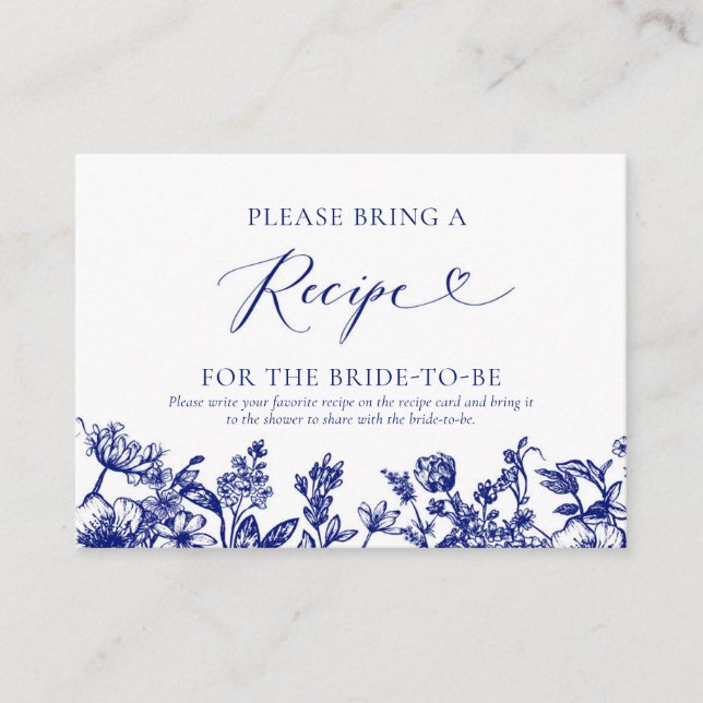 Blue Floral Bridal Shower Please Bring A Recipe Enclosure Card (Front)