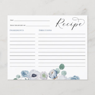 Blue Floral Bridal Shower Recipe card
