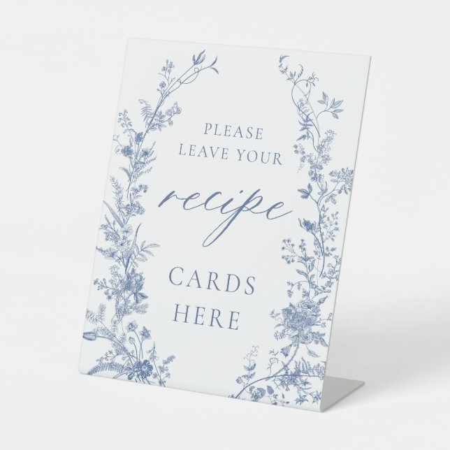 Blue Floral Bridal Shower Recipe Cards  Pedestal Sign (Front)