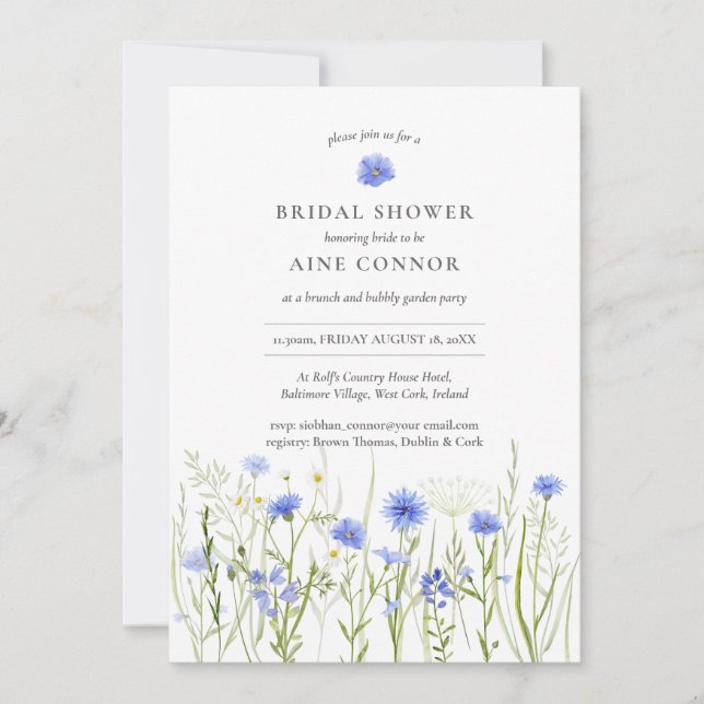 Blue floral bridal shower, summer wildflowers invitation (Front)