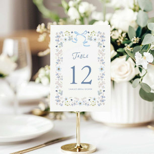 Blue Floral Bridal Shower Table Number Card