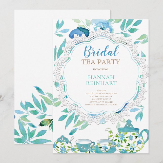 Blue floral Bridal Shower Tea Party Invitation (Front/Back)