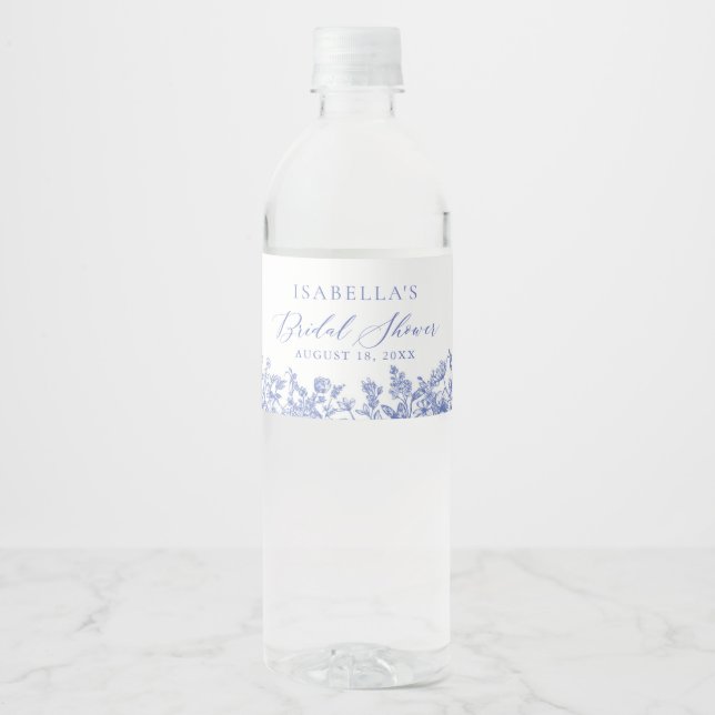 Blue Floral Bridal Shower Water Bottle Labels (Front)