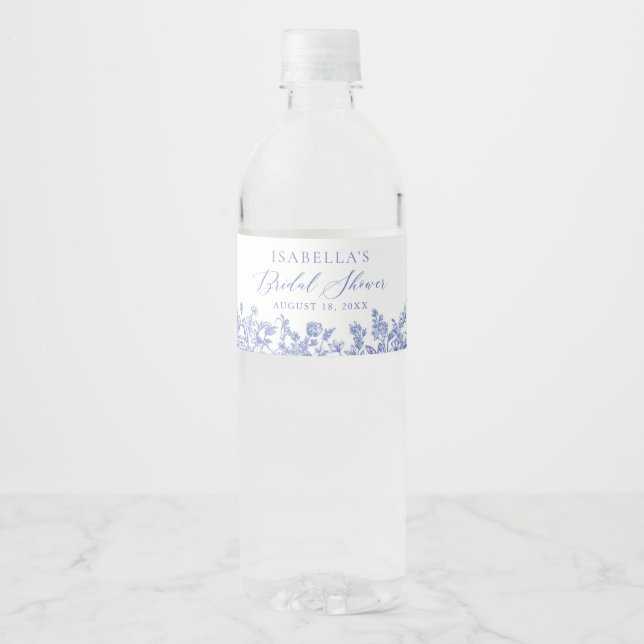 Blue Floral Bridal Shower Water Bottle Labels (Front)